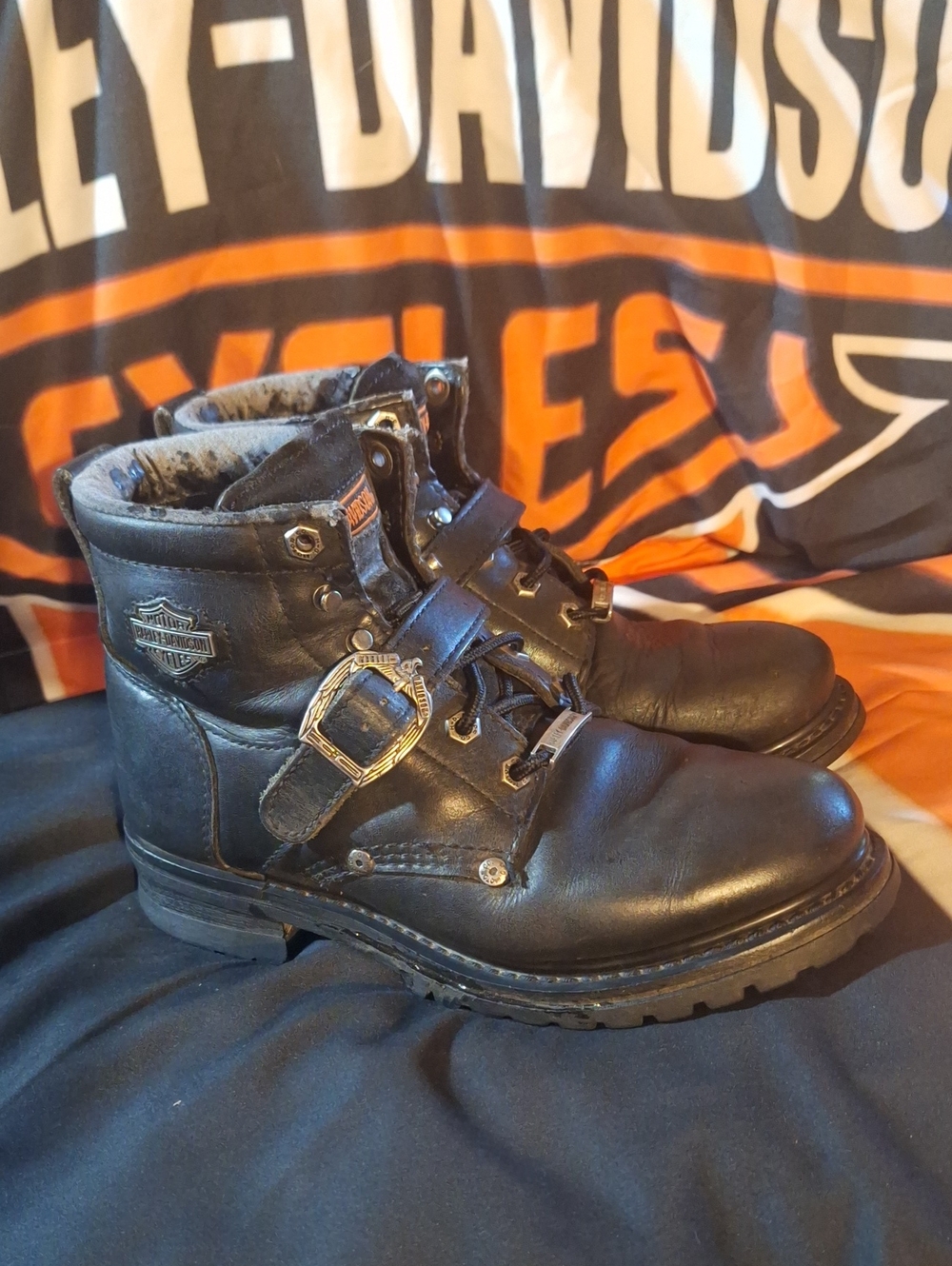 Vintage Harley-Davidson Black Leather Buckle Lace-Up Motorcycle Boots